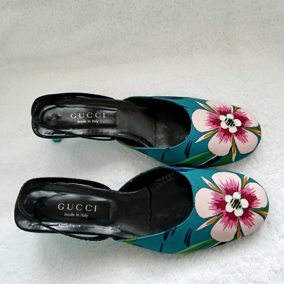 Gucci VTG Turquoise Pink Floral Slingback 39 1/2 B - Picture 4 of 8